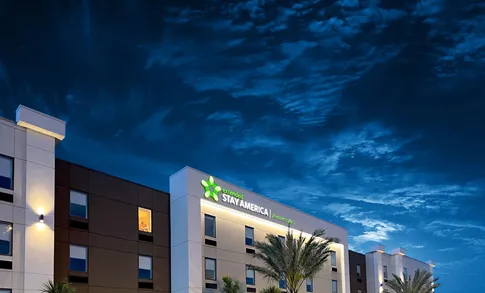 Extended Stay America hotel exterior at night