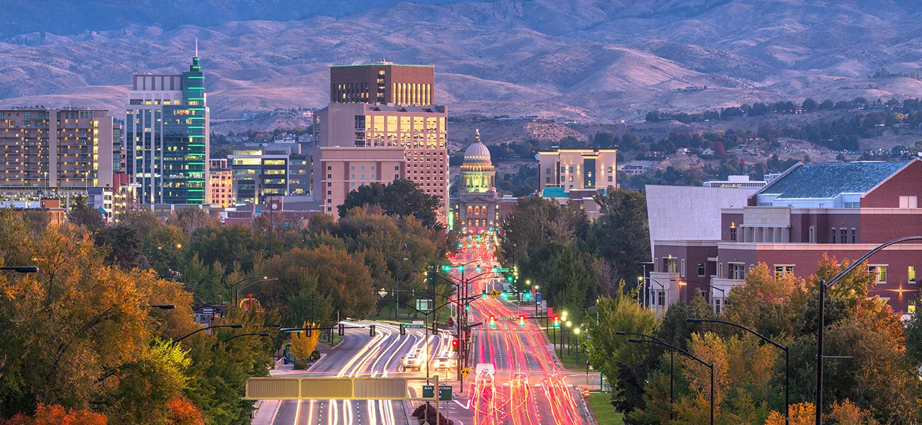 Downtown Idaho with mountains on the horizon.