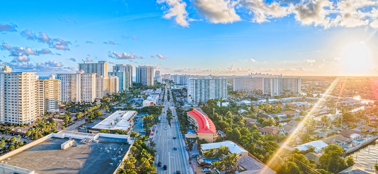 Horizon of Fort Lauderdale with sun setting.