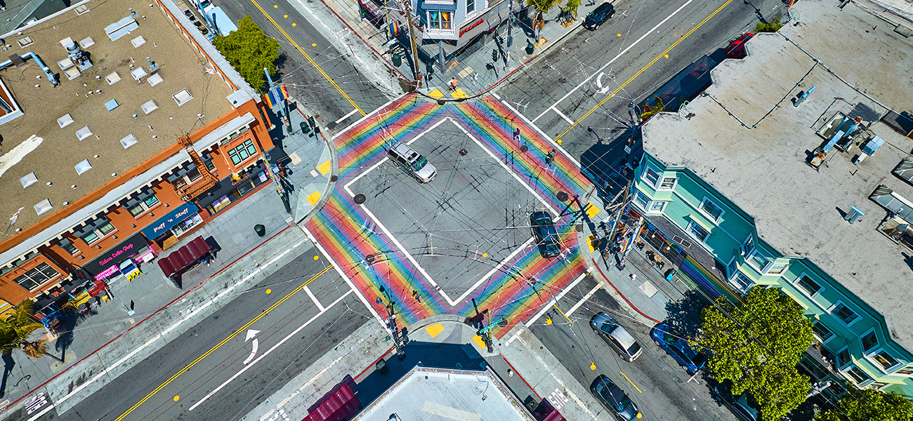 Aerial view of Castro rainbow crosswalk.